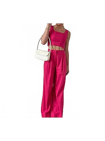 Lucy Paris Tia Linen Pleated Wide Leg Pants in Fuschia (view 2)