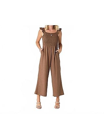 Coco + Carmen Kohde Wide Leg Smocked Jumpsuit in Cocoa (view 2)