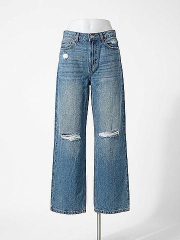 SNEAK PEEK Women's High Rise Distressed Straight Leg Jean in Blue (view 2)