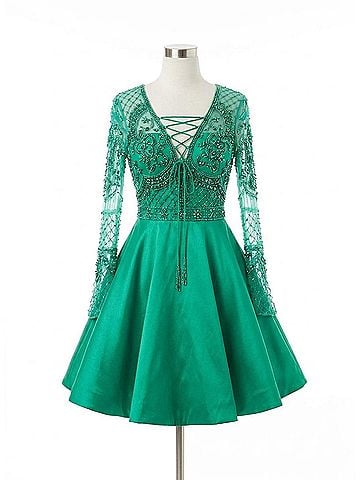 Rachel Allan Beaded Mikado Short Prom Dress in Emerald (view 1)