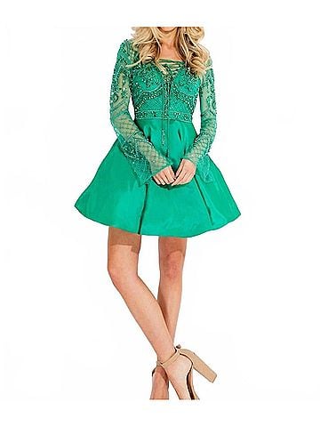 Rachel Allan Beaded Mikado Short Prom Dress in Emerald (view 2)