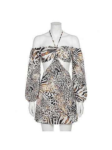 Luli Fama Animale Long Sleeve Cut Out Short Dress in Cream (view 1)