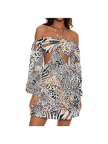 Luli Fama Animale Long Sleeve Cut Out Short Dress in Cream (view 2)