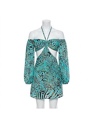 Luli Fama Animale Long Sleeve Cut Out Short Dress in Aqua (view 1)