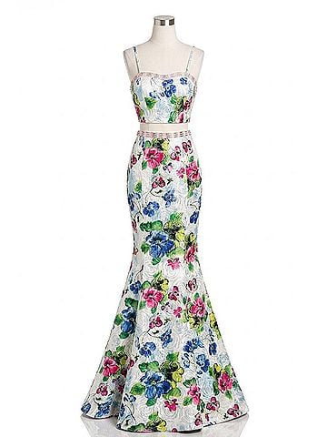 Johnathan Kayne Two-Piece Floral Printed Metallic Prom Dress in Multi (view 1)