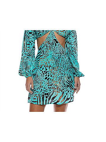 Luli Fama Animale Long Sleeve Cut Out Short Dress in Aqua (view 2)
