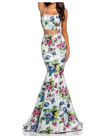 Johnathan Kayne Two-Piece Floral Printed Metallic Prom Dress in Multi (view 2)