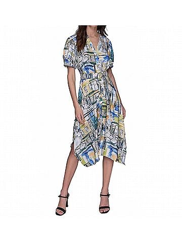 Karl Lagerfeld Printed Paris Scene Be Palace Dress in Blue Citrus Green Multi (view 2)