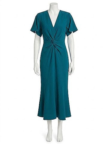 Victoria Beckham Gathered V Midi Dress in Petroleum (view 1)