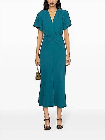 Victoria Beckham Gathered V Midi Dress in Petroleum (view 2)