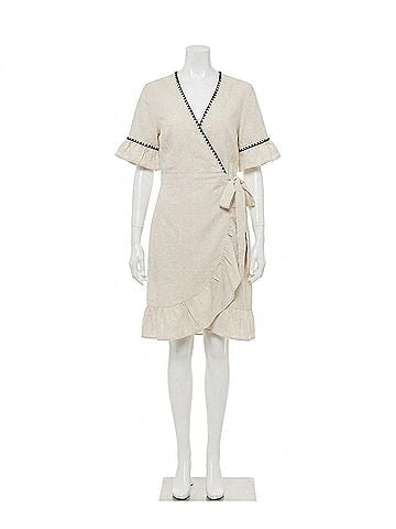 ESQUALO Dana Contrast Stitch Midi Dress in Sand (view 1)