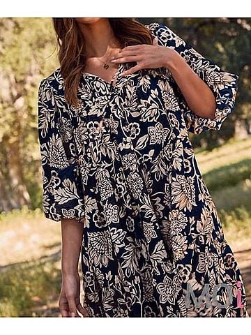 Oddi Boho Printed Baby Doll Mini Dress in Navy Wave (view 2)