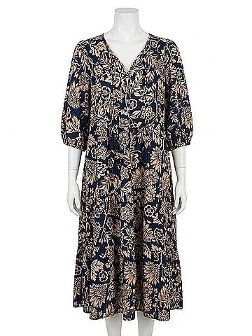 Oddi Boho Printed Baby Doll Mini Dress in Navy Wave (view 1)