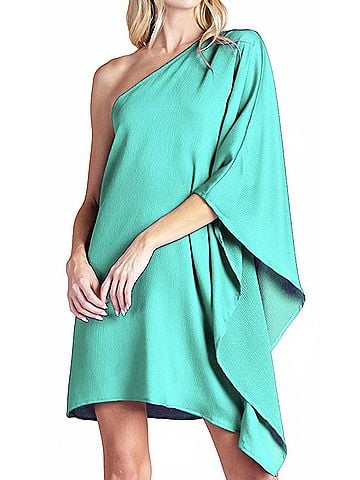 Tyche Hammer Satin One Sleeve Dress in Green (view 2)