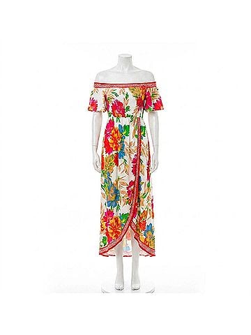 Flying Tomato Floral Off Shoulder Hi-Lo Maxi Dress in Ivory (view 1)