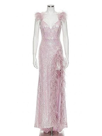 Jovani Feather Trimmed High Slit Long Dress in Lilac (view 1)