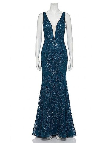 Jovani Illusion Plunging V-Neckline Floral Embroidered Gown in Teal (view 1)