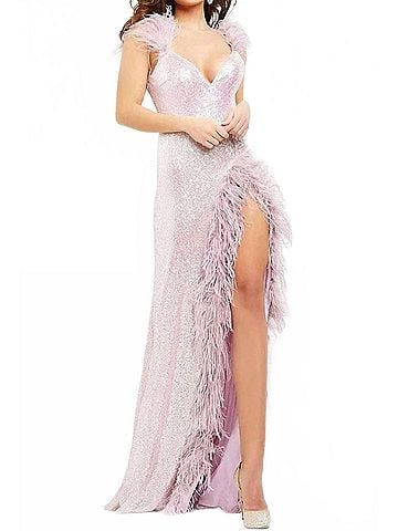 Jovani Feather Trimmed High Slit Long Dress in Lilac (view 2)