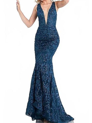 Jovani Illusion Plunging V-Neckline Floral Embroidered Gown in Teal (view 2)