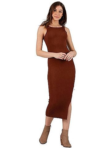 LUCCA Amaryllis Ribbed Knit Midi Dress in Sienna (view 2)
