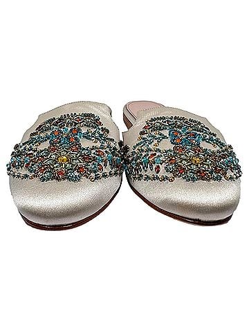 Oscar De La Renta Oscar De La Renta Embellished Mules in White Satin (view 2)