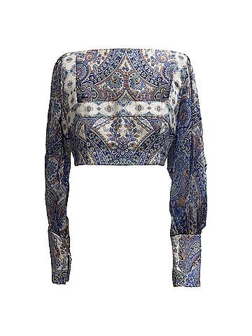 Zimmermann Zimmermann Paisley-Print Long Sleeve Cropped Top in Multicolor Linen (view 1)