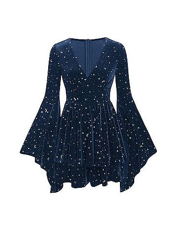 Cider VELVET V-NECK STAR &amp; MOON PATTERN BELL SLEEVE ROMPER Romper (view 1)