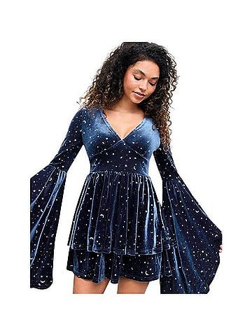 Cider VELVET V-NECK STAR &amp; MOON PATTERN BELL SLEEVE ROMPER Romper (view 2)