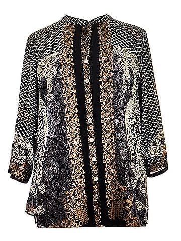 Citron Banded collar beaded peacocks 3/4 Sleeve Silk Top (view 1)