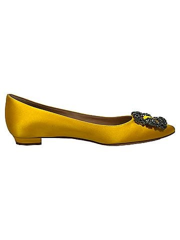 Manolo Blahnik Manolo Blahnik Jewel Buckle Flat Pumps in Yellow Satin (view 1)