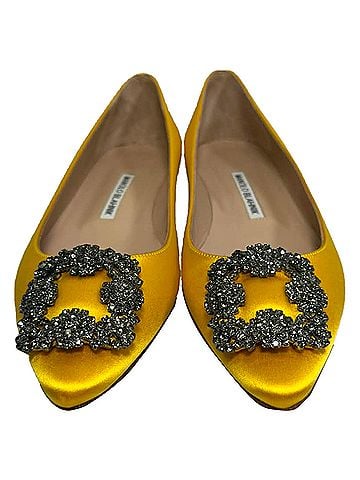 Manolo Blahnik Manolo Blahnik Jewel Buckle Flat Pumps in Yellow Satin (view 2)