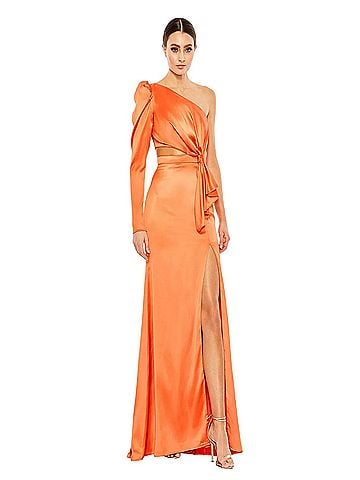 Mac Duggal Mac Duggal 49570 Satin Column Gown Puff Sleeve Cocktail Dress (view 1)