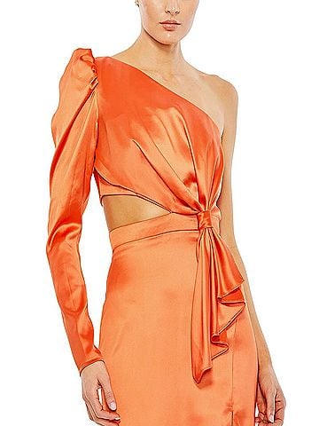 Mac Duggal Mac Duggal 49570 Satin Column Gown Puff Sleeve Cocktail Dress (view 2)