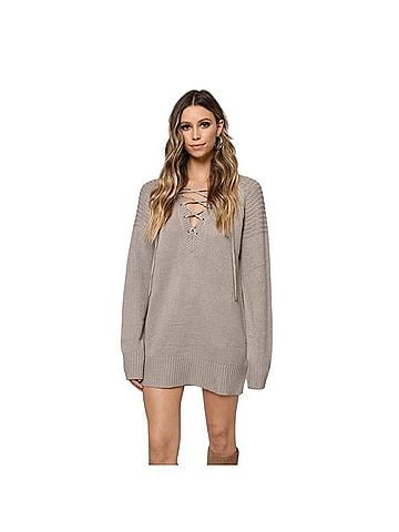 TOBI Taupe Lace Up Sweater Dress Casual Dress (view 1)