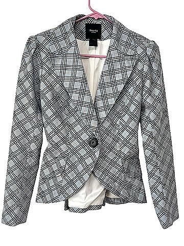 Smythe Duchess Plaid Blue Grey Orange Accent Tan Leather Elbow Patches Single Button Blazer (view 1)
