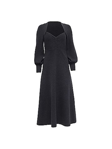 Sandro Sandro Sweetheart-Neck Puff-Sleeve Midi Dress in Black Wool (view 1)