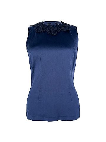 Dolce & Gabbana Dolce &amp; Gabbana Floral Lace Applique Sleeveless Top in Navy Blue Silk (view 1)