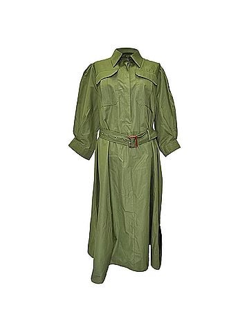 Alexander McQueen Alexander Mcqueen Flap-Pocket Belted Midi Shirt Dress in Olive Cotton (view 1)