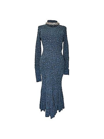 Alexander McQueen Alexander Mcqueen Jeweled Collar Knitted Midi Dress in Blue Wool (view 1)