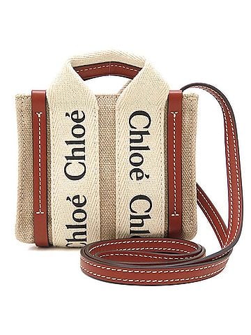 Chloé Chloe Woody Nano Tote CHC22AP235I26 Shoulder Bag Linen x Calfskin White Brown Women's 353476 (view 2)