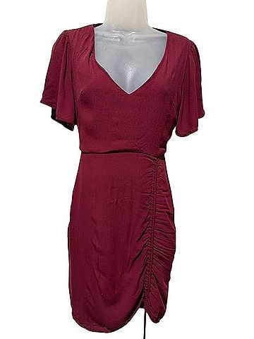 Altar'd State Burgundy V-Neck Ruched Mini Dress Cocktail Dress (view 1)
