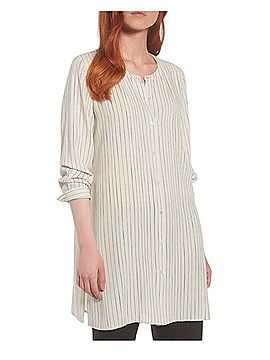 Eileen Fisher Painterly Striped Long Sleeve Silk Top (view 1)