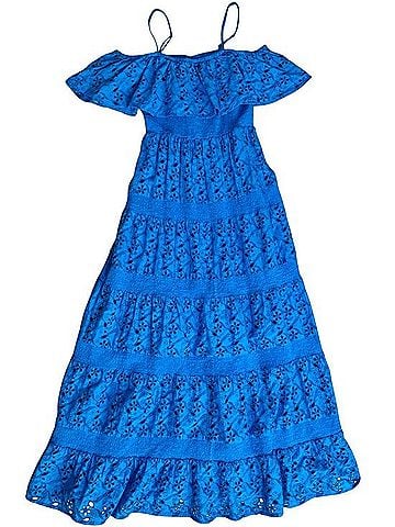 ASOS Bright Blue Eyelet Tiered Off the Shoulder Maxi Dress Casual Dress (view 1)