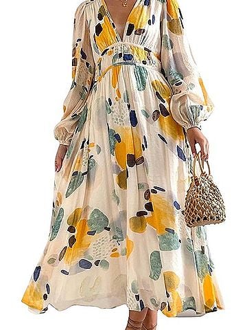 Sissyaki V-Neck Long Sleeve Abstract Print Maxi Dress Casual Dress (view 1)