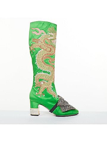 Gucci rare GUCCI 2017 Runway Caspar green satin dragon embroidered boot heels EU39 (view 1)