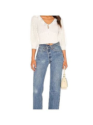 Free People Billie Cascade Ruffle Tie Puff Sleeve Smocked Sweater Short Sleeve T-Shirt (view 2)
