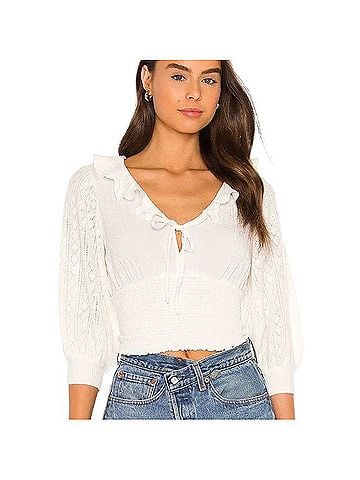 Free People Billie Cascade Ruffle Tie Puff Sleeve Smocked Sweater Short Sleeve T-Shirt (view 1)