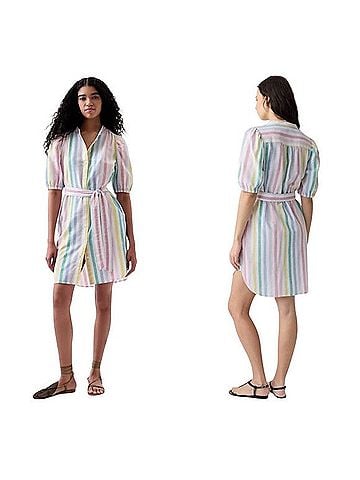 Gap Linen Blend Rainbow Stripe Puff Sleeve Dress Casual Dress (view 1)