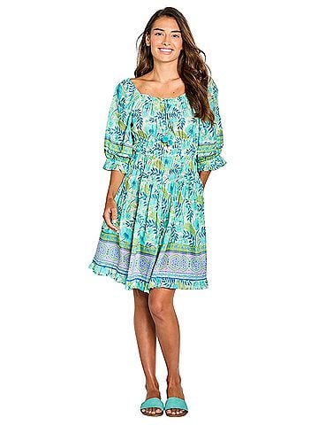 Bella Tu Poppy Shirred Waist Dress-Turquoise Casual Dress (view 1)