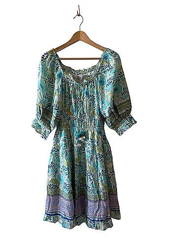 Bella Tu Poppy Shirred Waist Dress-Turquoise Casual Dress (view 2)